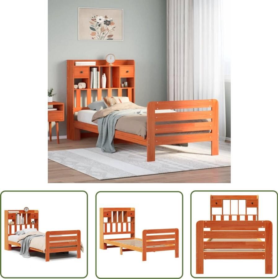 VidaXL Houten Bed Boekenkasten Bed met boekenkast zonder matras grenenhout wasbruin 75x190 cm Bed Met Kast Slaapkamersdecoratie Grenen Hout