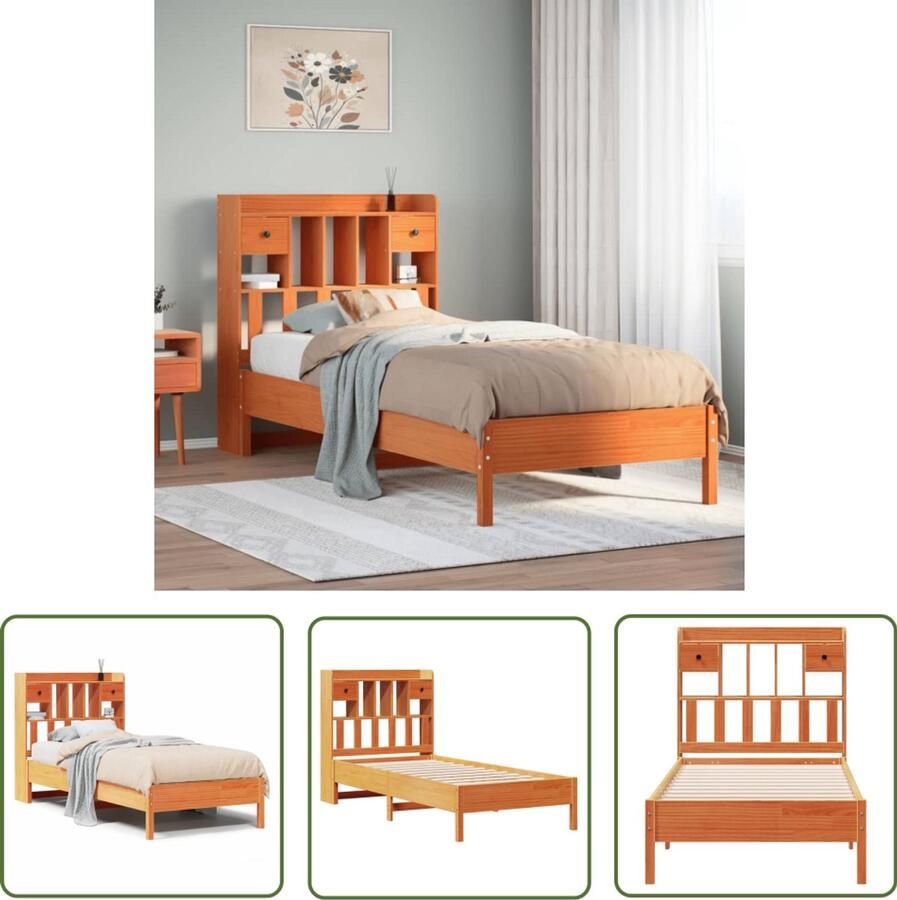 The Living Store Bed met boekenkast zonder matras grenenhout wasbruin 90x190 cm Boekenkasten Bed Houten Bed Tweepersoons Bed Stapelbare Bed Compact Bed