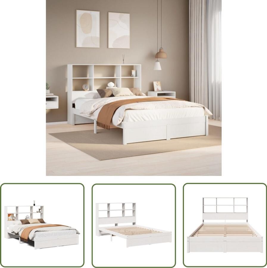 VidaXL Bed met boekenkast zonder matras grenenhout wit 140x190 cm Boekenkasten Bed Houten Bed Enkel Bed Slaapkamers Meubels Tweepersoons Bed