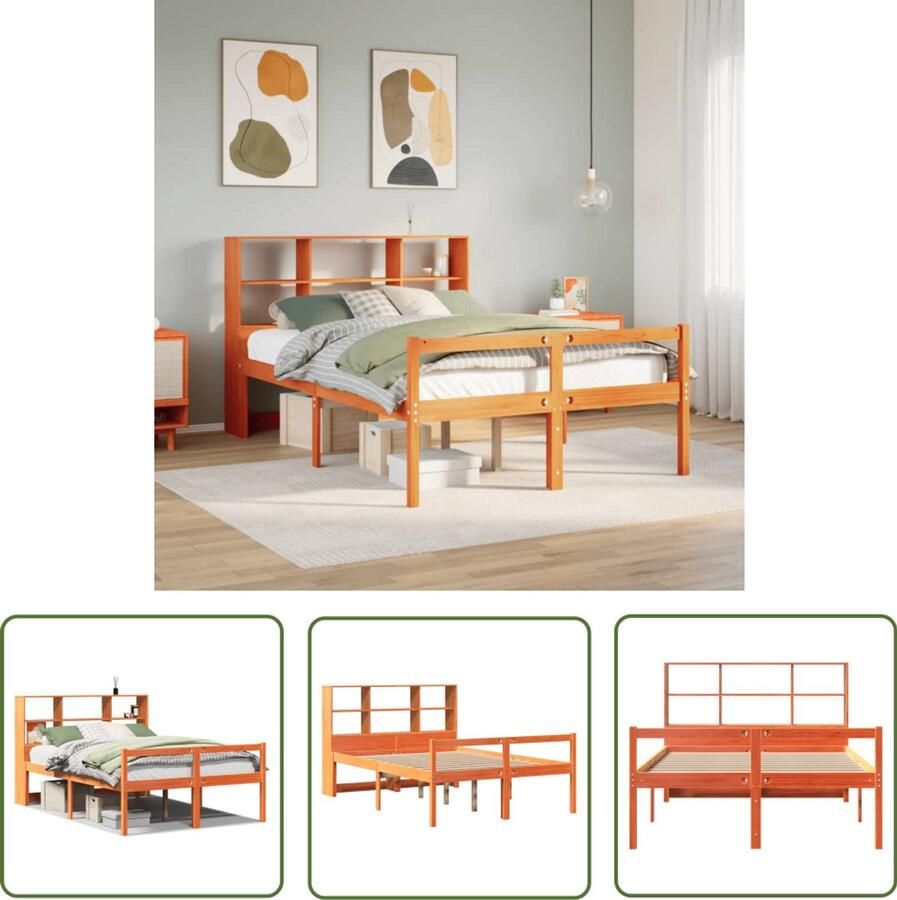 VidaXL Bed met boekenkast zonder matras hout wasbruin 120x200 cm Boekenkasten Bed Houten Bed Tweepersoonsbed Slaapkamer Meubilair Stapelbaar Bed