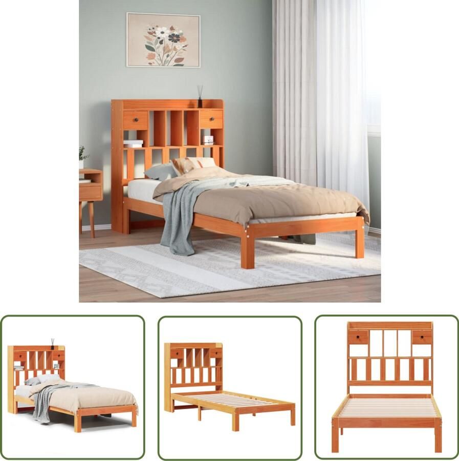 The Living Store Bed met boekenkast zonder matras grenenhout wasbruin 100x200 cm Boekenkastenbed Houten Bed Tweepersoonsbed Stapelbed Slaapkamermeubel