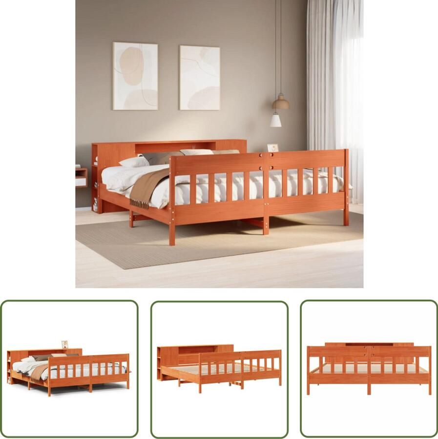 VidaXL Houten Bed Boekenkastenbed Bed met boekenkast zonder matras grenenhout wasbruin 200x200 cm Bed Met Opbergruimte Tweepersoonsbed Slaapkamers