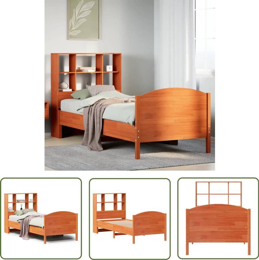 VidaXL Houten Bed Boekenkastenbed Bed met boekenkast zonder matras grenenhout wasbruin 75x190 cm Bed Met Kast Slaapkamersdecoratie Grenenhouten Bed
