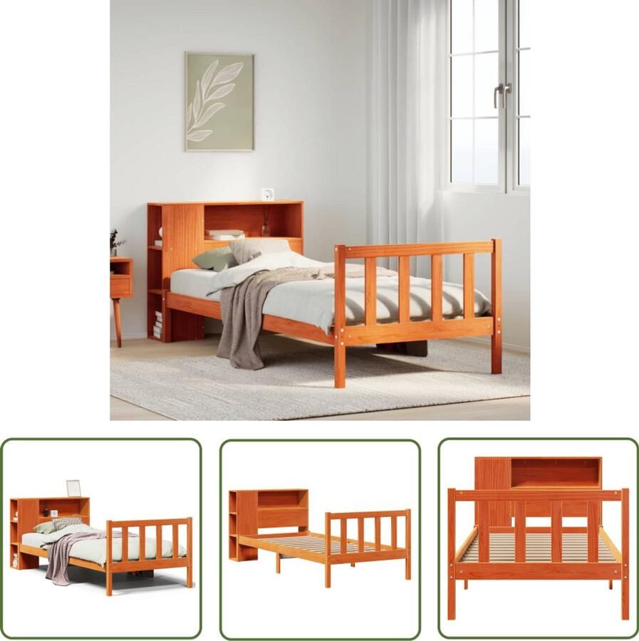 VidaXL Houten Bed Boekenkastenbed Bed met boekenkast zonder matras grenenhout wasbruin 75x190 cm Bed Met Opbergruimte Slaapkamersdecoratie Grenenhouten Bed