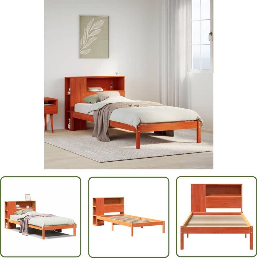 The Living Store bed met boekenkast zonder matras grenenhout wasbruin 90x200 cm Boekenkastenbed Houten Bed Tweepersoonsbed Stapelbed Kinderbed