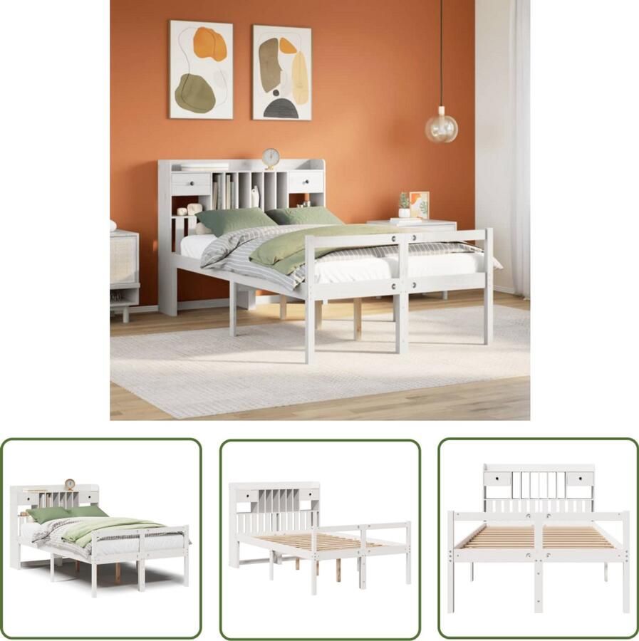 VidaXL Houten Bed Boekenkastenbed Bed met boekenkast zonder matras grenenhout wit 135x190 cm Slaapkamer Meubel Tweepersoonsbed Stapelbaar Bed
