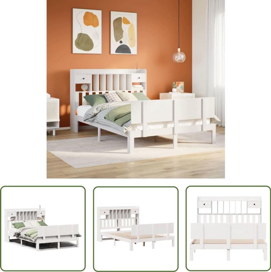 VidaXL Houten Bed Boekenkastenbed Bed met boekenkast zonder matras grenenhout wit 140x190 cm Bed Met Lade Tweepersoonsbed Slaapkamer Meubel