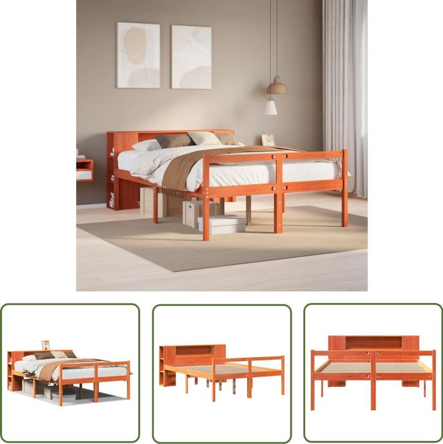 VidaXL Houten Bed Boekenkastenbed Bed met boekenkast zonder matras hout wasbruin 120x200 cm Bed Met Opbergruimte Tweepersoonsbed Slaapkamer Meubilair