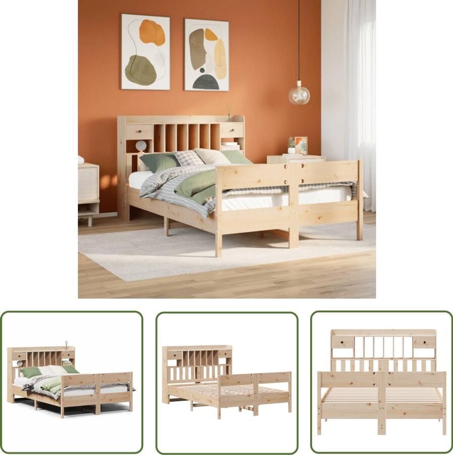 The Living Store Bed met boekenkast zonder matras massief grenenhout 160x200 cm Slaapcomfort Houten Bed Tweepersoonsbed Boekenkast Bed Opbergruimte