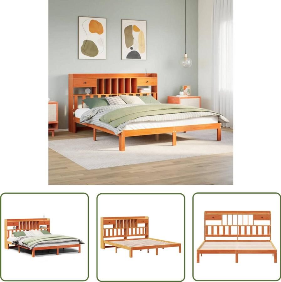 The Living Store Bed met boekenkast zonder matras grenenhout wasbruin 180x200 cm Boekkastenbed Houten Bed Tweepersoonsbed Slaapkamers Meubels