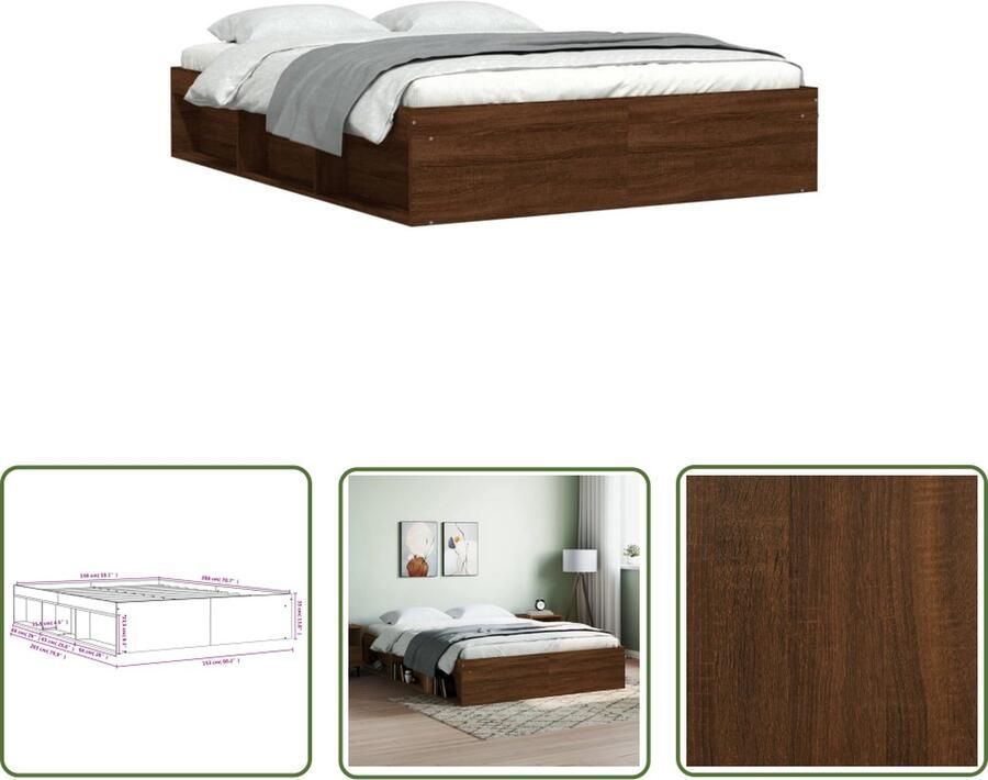 The Living Store Bed Bruineiken Houten Bedframe 203 x 153 x 35 cm Duurzaam materiaal Multiplex lattenbodem Extra opbergruimte Bruin Eiken Bed Frame Houten Bed King Size Bed Met Lade Boxspring Bed - Foto 2