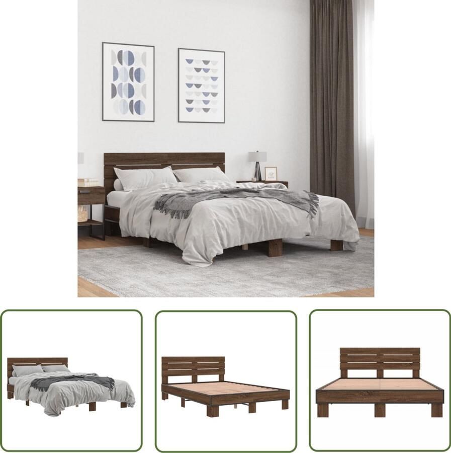 VidaXL Bedframe bewerkt hout metaal bruin eikenkleur 120x190 cm Bruin Eiken Bedframe Houten Bed Tweepersoons Bed 120x190 Bed Met Hoofdbord