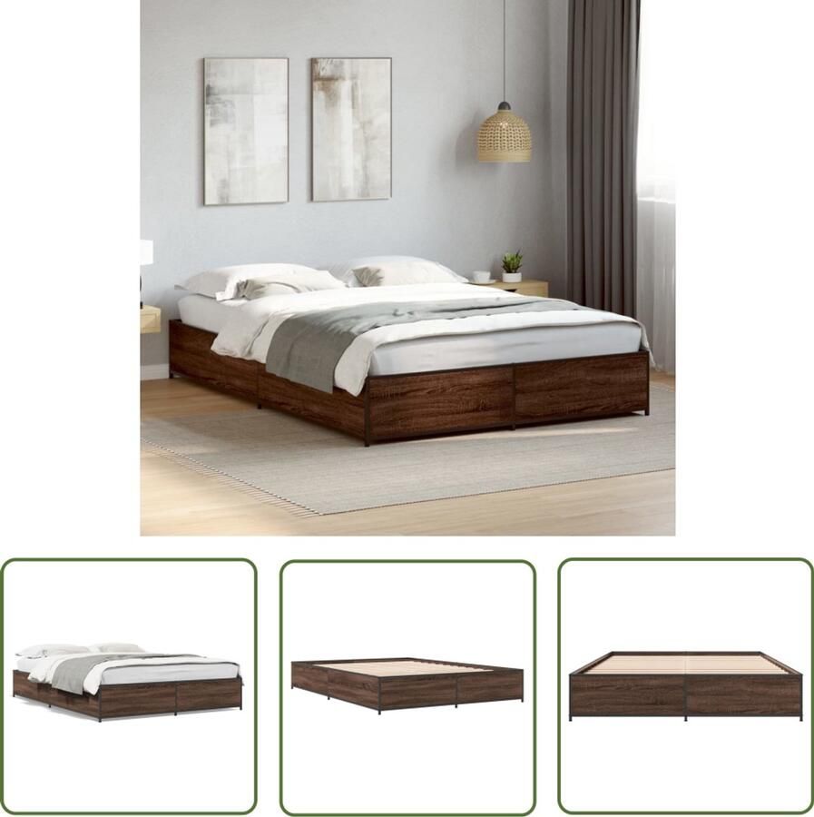 VidaXL Houten Bed Bruin Houten Bed Frame Bedframe bewerkt hout metaal bruin eikenkleur 120x190 cm Bed Frame 120x190 Tweepersoons Bed Frame Vintage Bed Frame