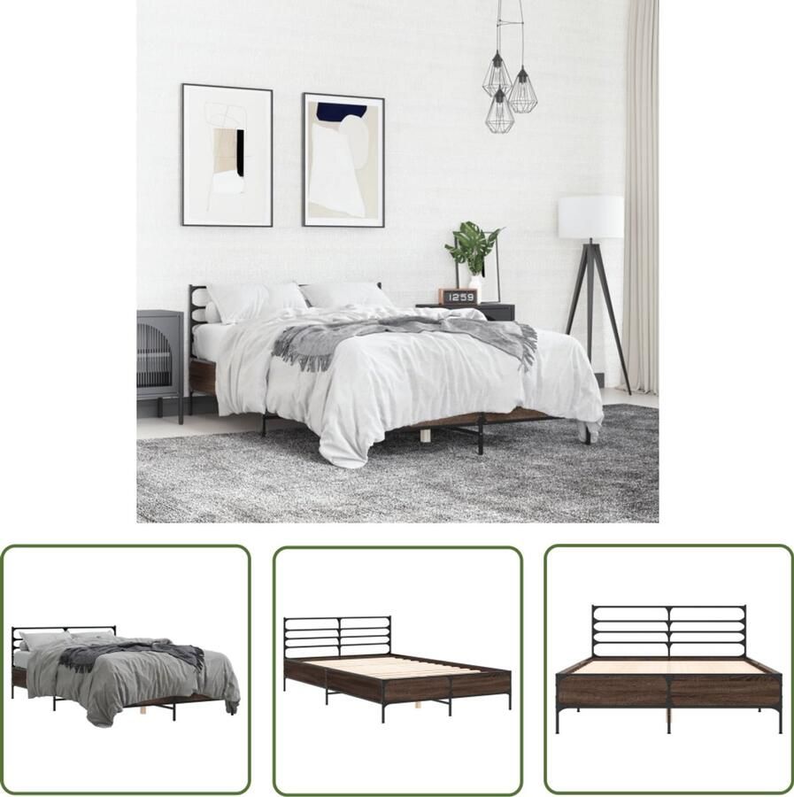 VidaXL Houten Bed Bruin Houten Bed Frame Bedframe bewerkt hout metaal bruin eikenkleur 120x200 cm Tweepersoons Bed 120x200 Bed Frame Kopen