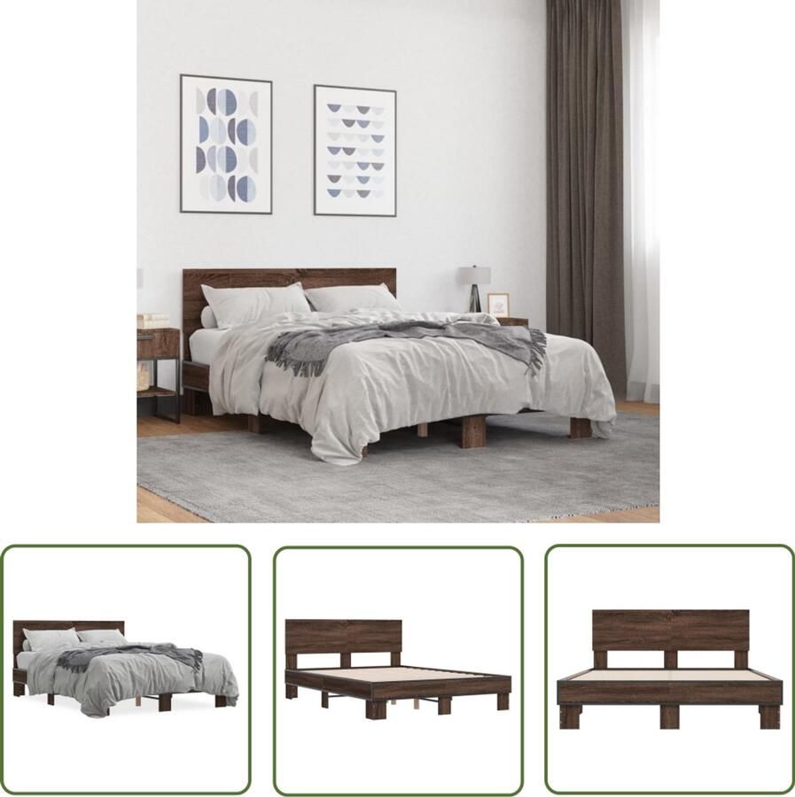 VidaXL Houten Bed Bruin Houten Bed Frame Bedframe bewerkt hout metaal bruin eikenkleur 135x190 cm Tweepersoons Bed King Size Bed Frame 135x190