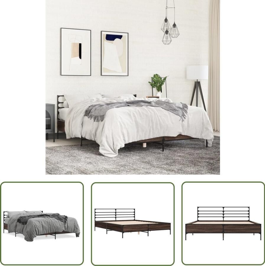 VidaXL Houten Bed Bruin Houten Bed Frame Bedframe bewerkt hout metaal bruin eikenkleur 160x200 cm Tweepersoons Bed Boxspring Bed 160x200