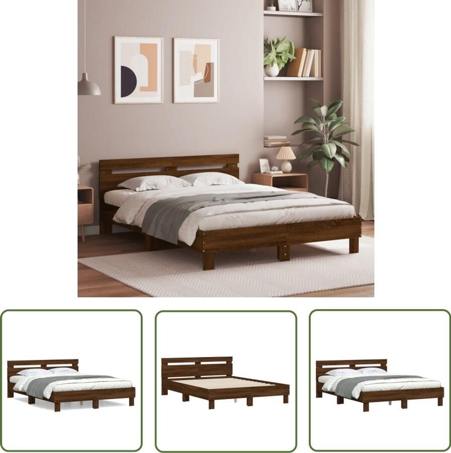 VidaXL Houten Bed Bruine Houten Bed Frame Bedframe met hoofdeinde bewerkt hout bruineikenkleur 140x190 cm Tweepersoons Bed King Size Bed Met Hoofdbord