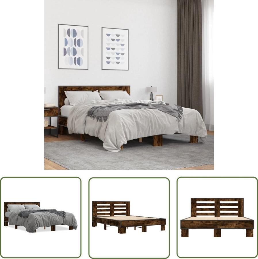 The Living Store Bedframe Gerookt Eiken 203 x 143 x 83.5 cm Duurzaam bewerkt hout Bed Frame Houten Bed Frame Tweepersoons Bed Bruine Bed Frame Gerookte Eiken Kleur