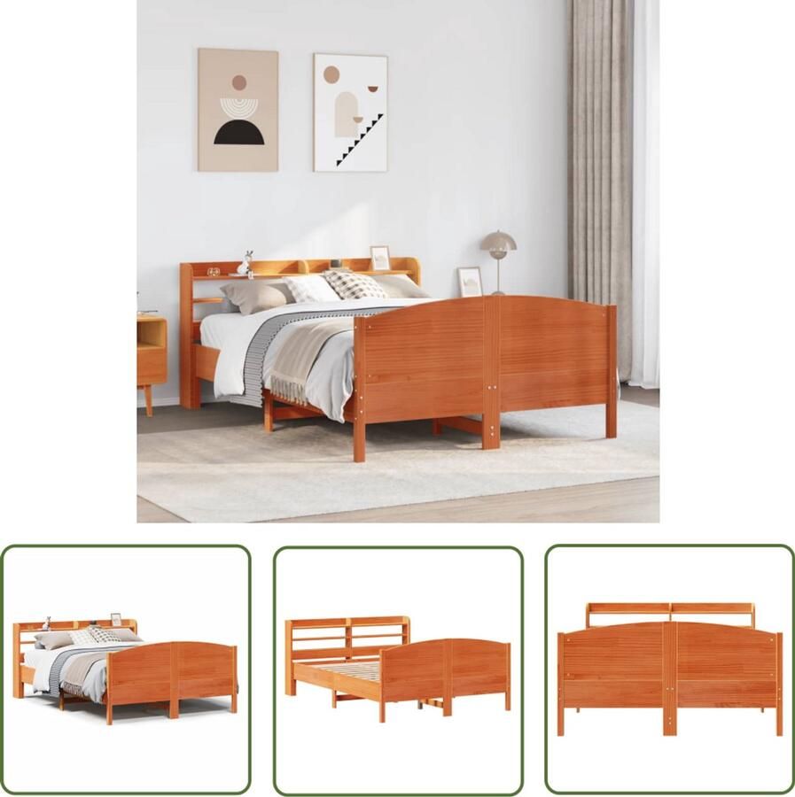 VidaXL Houten Bed Frame Bed met matras massief grenenhout wasbruin 140x190 cm Bed Met Opbergvakken King Size Bed Tweepersoonsbed