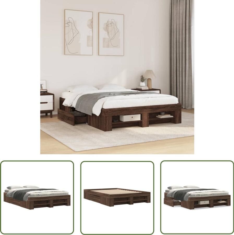 VidaXL Bedframe bewerkt hout bruin eikenkleur 135x190 cm Bed Frame Houten Bed Bedkast Slaapkamervloer Opbergvakken