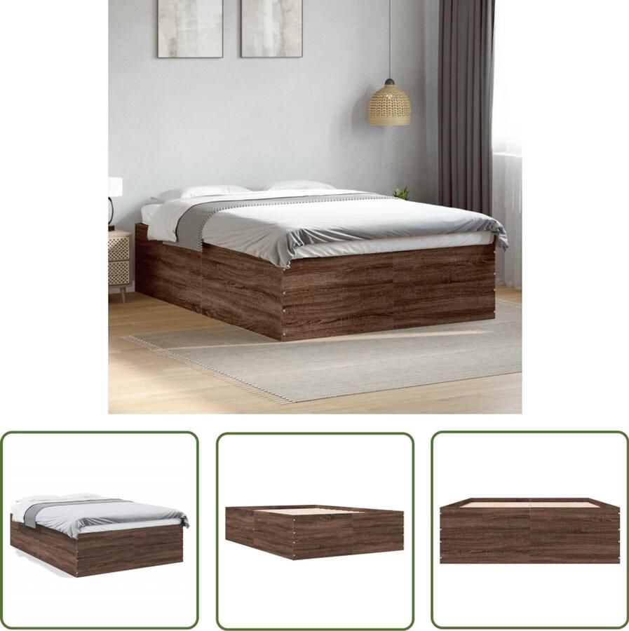 VidaXL Bedframe bewerkt hout bruin eikenkleur 135x190 cm Bed Frame Houten Bed Bruine Bed Tweepersoonsbed Slaapcomfort