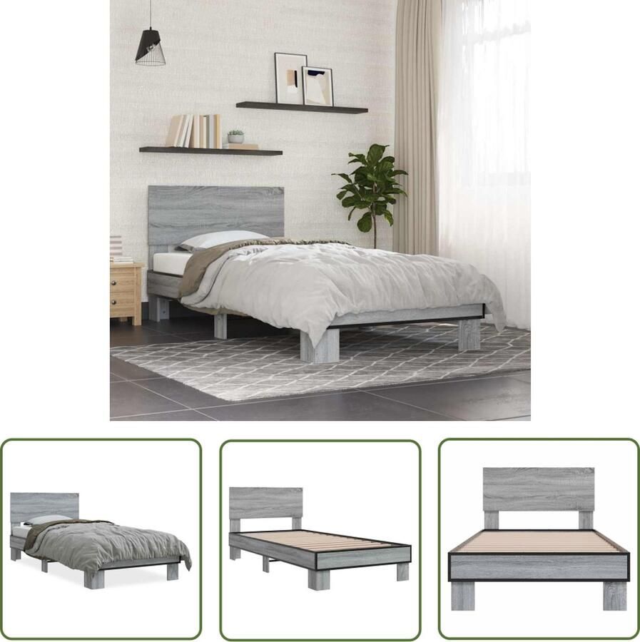 The Living Store Bedframe Multiplex Grijs Sonoma Eiken 204.5 x 103 x 81 cm Duurzaam bewerkt hout met metalen poten Bed Frame Houten Bed Tweepersoons Bed Grijze Bed Design Bed