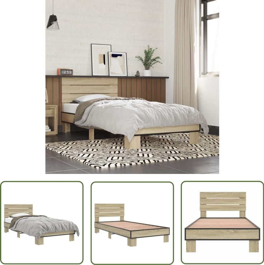 VidaXL Bedframe bewerkt hout en metaal sonoma eikenkleurig 100x200 cm Bed Frame Houten Bed Sonoma Eiken Tweepersoonsbed Bedbank