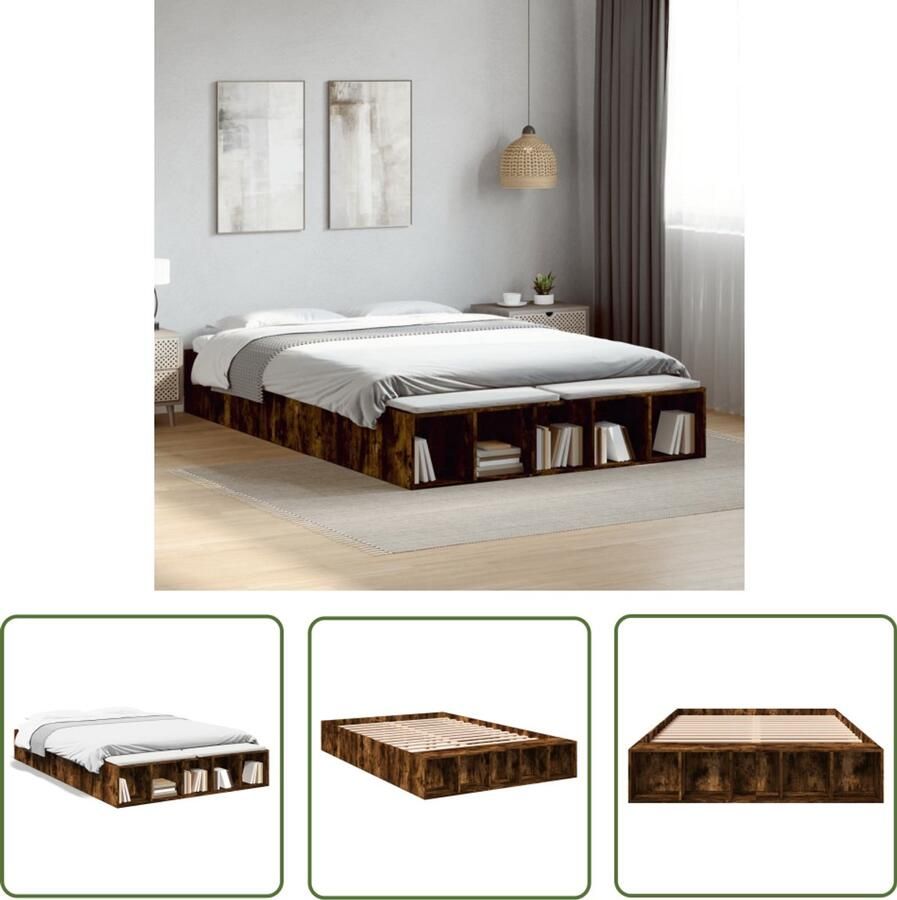 VidaXL Bedframe bewerkt hout gerookt eikenkleurig 140x200 cm Bed Frame Houten Bed Bruine Bed Slaapkamersdecoratie Boxspring Bed