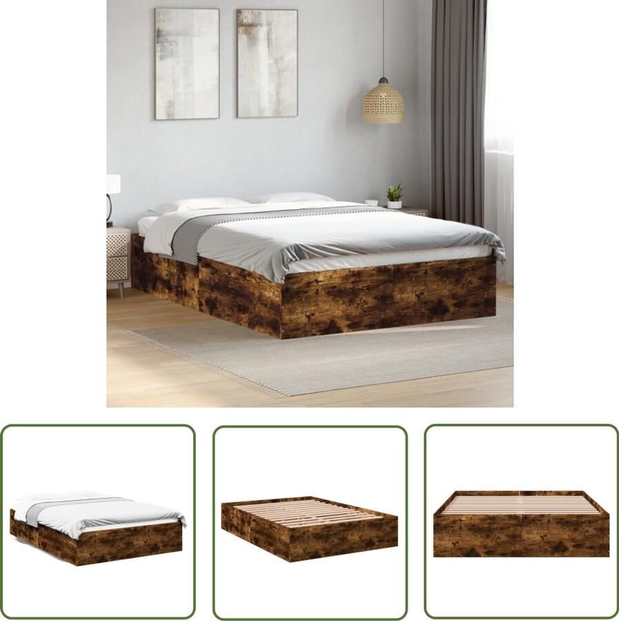 VidaXL Bedframe bewerkt hout gerookt eikenkleurig 140x200 cm Bed Frame Houten Bed Bruine Bed Tweepersoonsbed Slaapcomfort