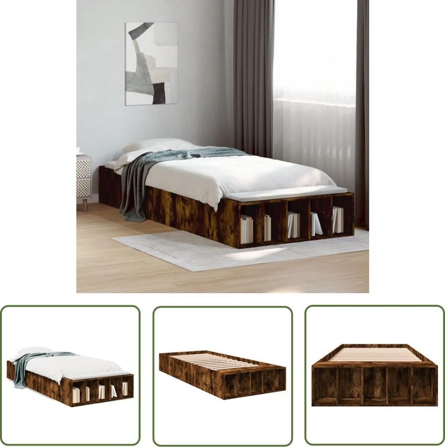 The Living Store Bedframe Rookt Eiken Bewerkt Hout 90x190 Opbergfunctie Bed Frame Houten Bed Rookt Eiken Tweepersoons Bed Opbergvakken