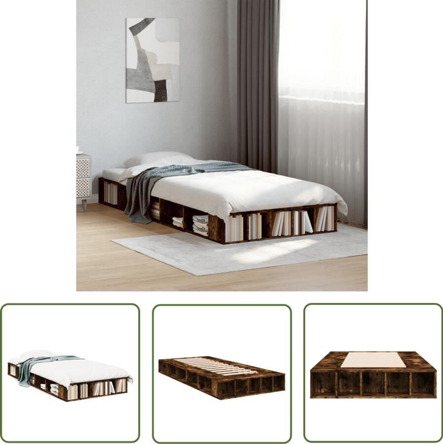 VidaXL Bedframe bewerkt hout gerookt eikenkleurig 90x200 cm Bed Frame Houten Bed Bruine Bedbank Slaapkamersdecoratie Modern Bed