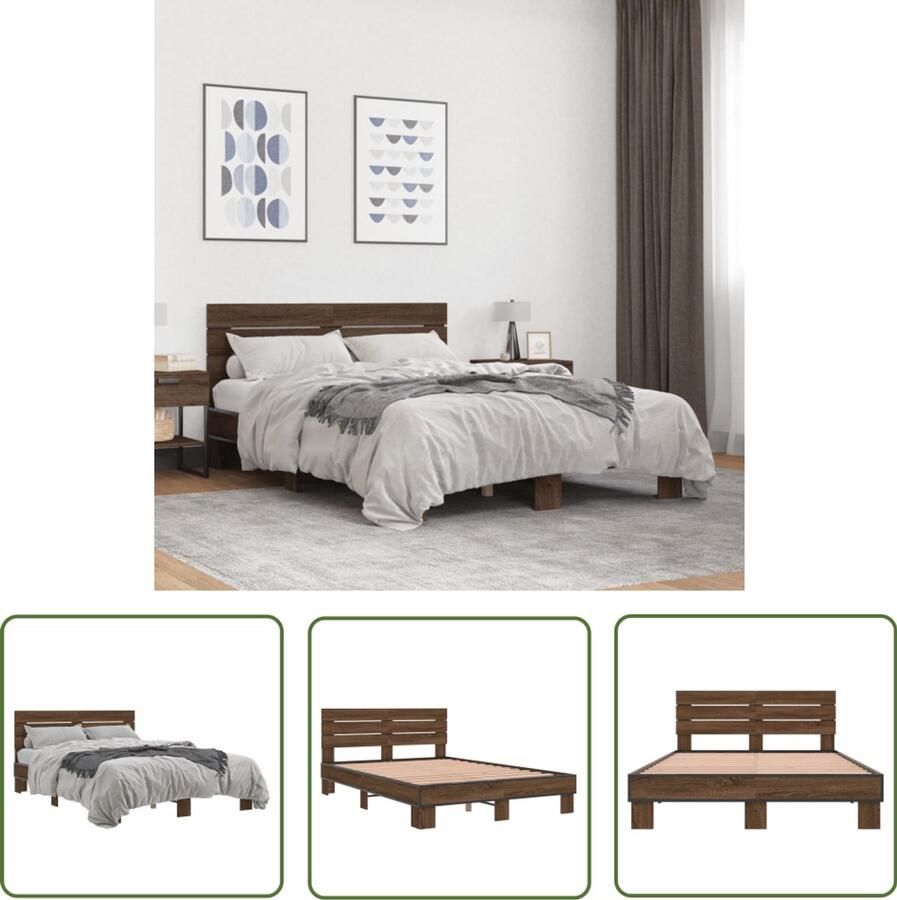 VidaXL Bedframe bewerkt hout metaal bruin eikenkleur 140x190 cm Bed Frame Houten Bed Metalen Bed Bruine Bed Tweepersoonsbed