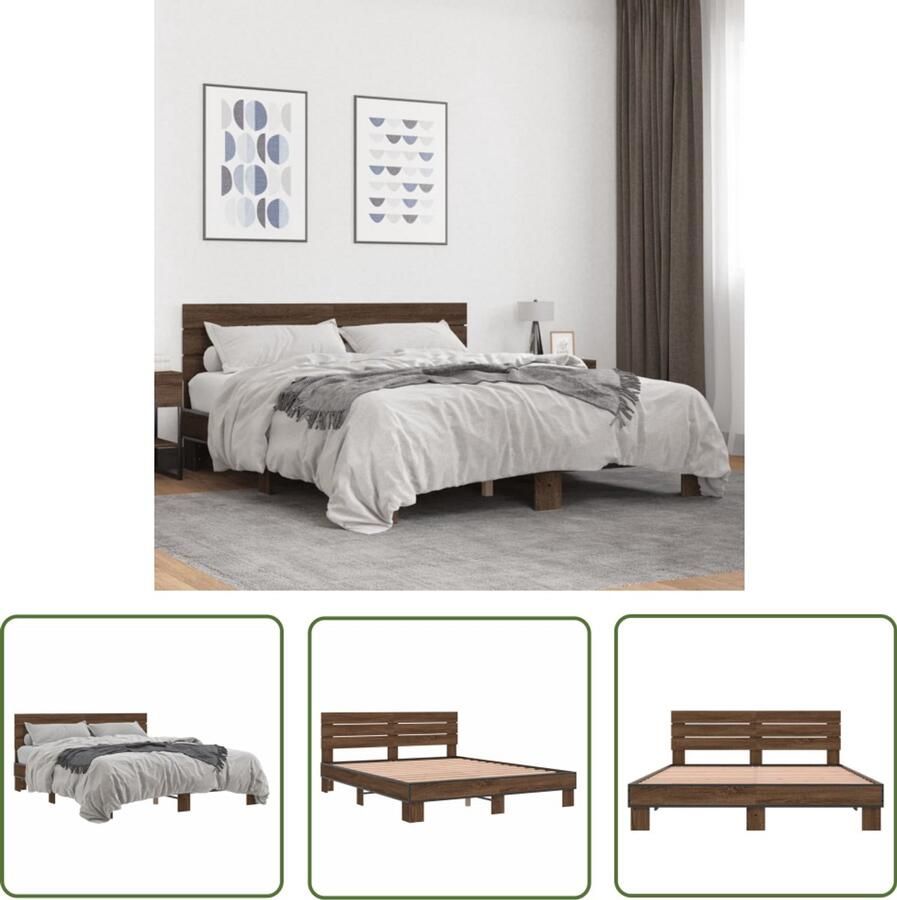 VidaXL Bedframe bewerkt hout metaal bruin eikenkleur 150x200 cm Bed Frame Houten Bed Metalen Bed Bruine Bed Tweepersoonsbed