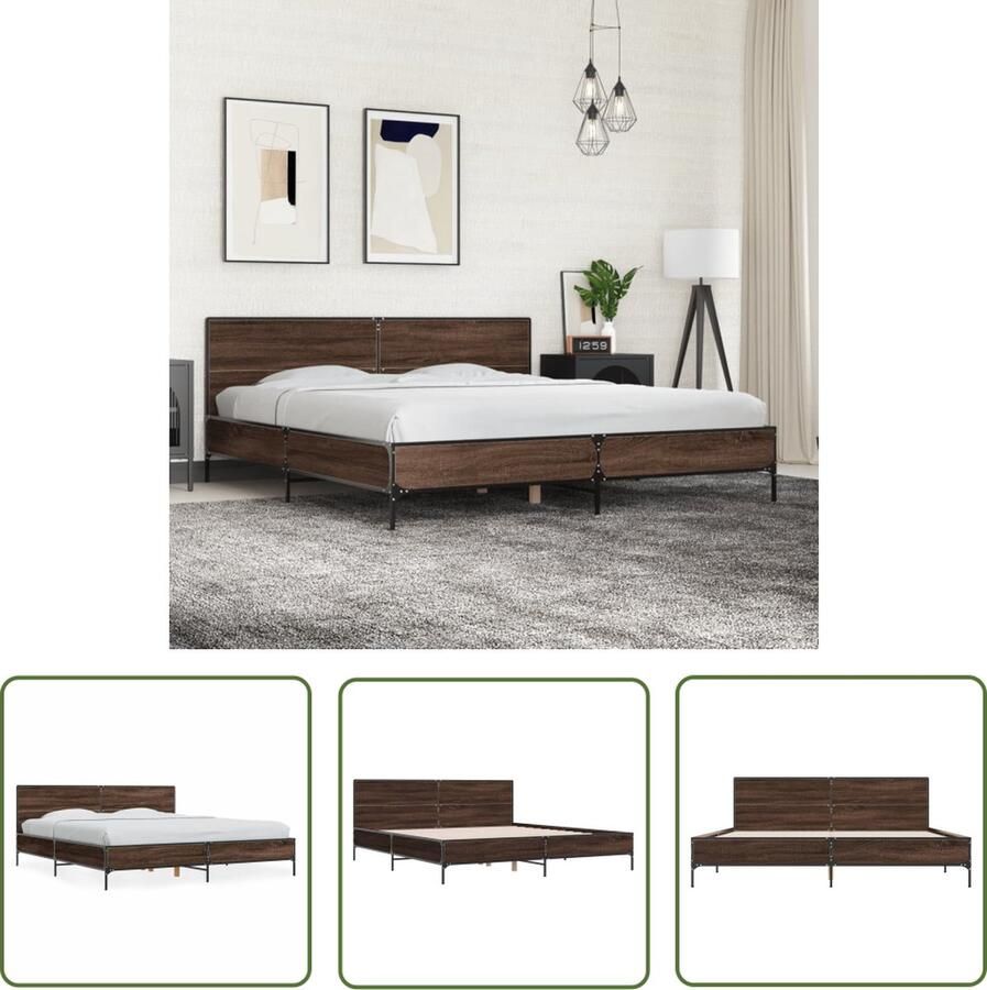 The Living Store Bedframe Bruineiken Metaal Multiplex 203 x 203 x 80 cm Stevig Houten Bed met Metalen Poten Bed Frame Houten Bed Tweepersoons Bed Bruine Bed Slaapcomfort