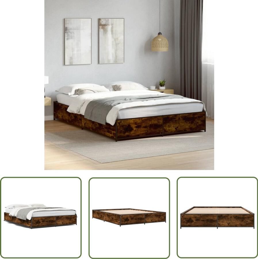 VidaXL Bedframe bewerkt hout metaal gerookt eikenkleurig 120x190 cm Bed Frame Houten Bed Bruine Bed Slaapcomfort Modern Bed