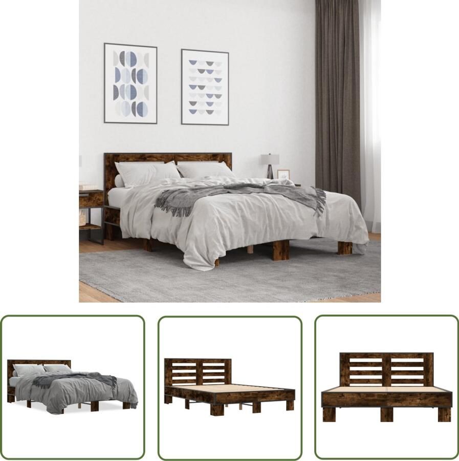 VidaXL Bedframe bewerkt hout metaal gerookt eikenkleurig 135x190 cm Bed Frame Houten Bed Bruine Bed Slaapkamerstijl Modern Bed