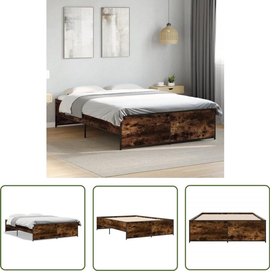 VidaXL Bedframe bewerkt hout metaal gerookt eikenkleurig 135x190 cm Bed Frame Houten Bed Bruine Bed Slaapcomfort Industrieel Bed