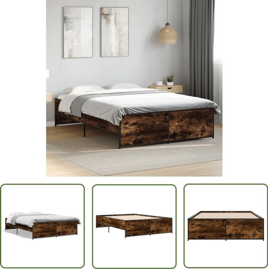 VidaXL Bedframe bewerkt hout metaal gerookt eikenkleurig 140x190 cm Bed Frame Houten Bed Bruine Bed Tweepersoonsbed Slaapcomfort - Foto 2