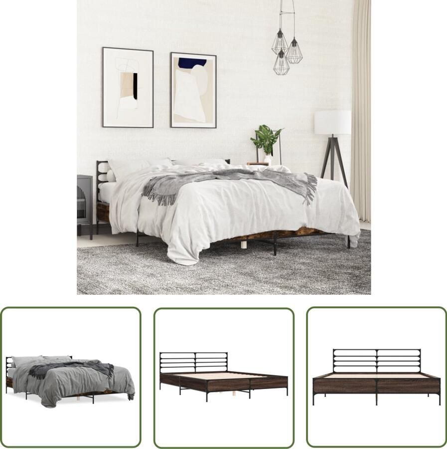 VidaXL Bedframe bewerkt hout metaal gerookt eikenkleurig 150x200 cm Bed Frame Houten Bed Bruine Bed Tweepersoonsbed Slaapcomfort