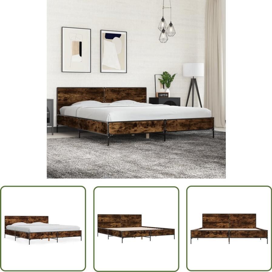 VidaXL Bedframe bewerkt hout metaal gerookt eikenkleurig 180x200 cm Bed Frame Houten Bed Bruine Bedbank Slaap Comfort King Size Bed