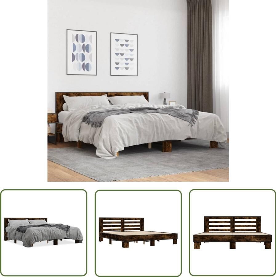 VidaXL Bedframe bewerkt hout metaal gerookt eikenkleurig 200x200 cm Bed Frame Houten Bed Bruine Bed Tweepersoons Bed Boxspring Bed