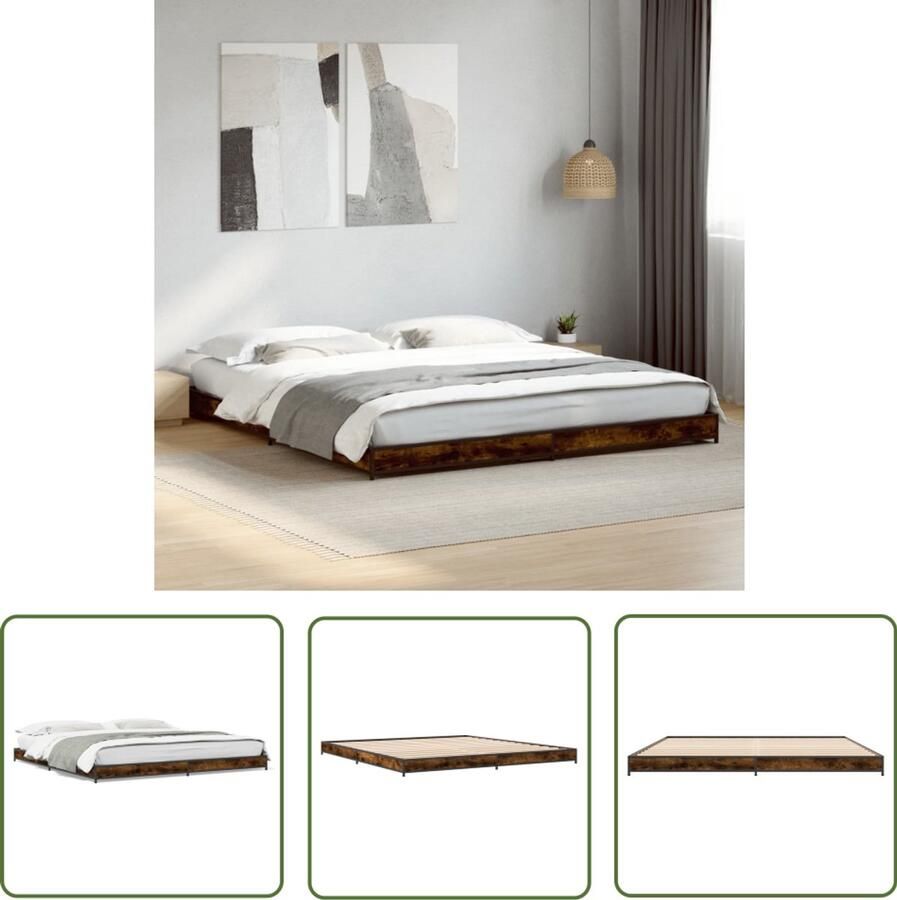 VidaXL Bedframe bewerkt hout metaal gerookt eikenkleurig 200x200 cm Bed Frame Houten Bed Bruine Bed King Size Bed Tweepersoonsbed