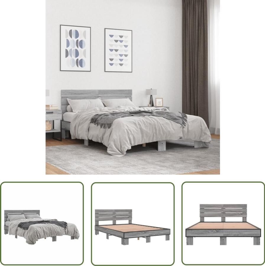 VidaXL Bedframe bewerkt hout metaal grijs sonoma eiken 120x190 cm Bed Frame Houten Bed Tweepersoonsbed Enkel Bed Sonoma Eiken