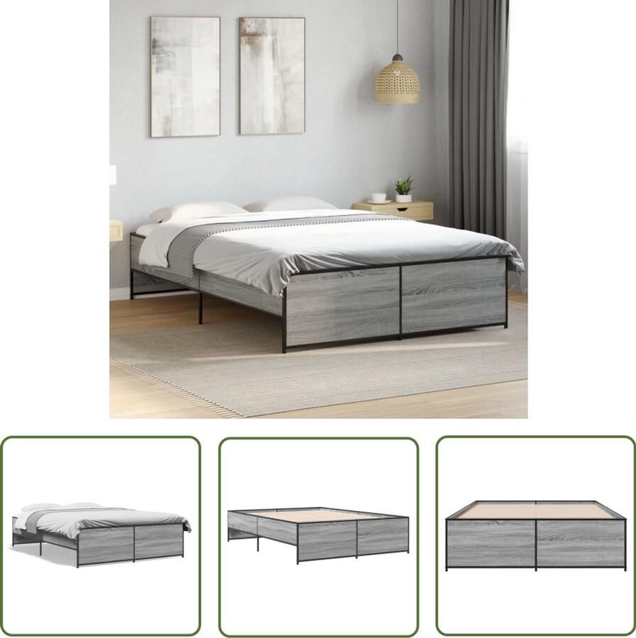 VidaXL Bedframe bewerkt hout metaal grijs sonoma eiken 120x200 cm Bed Frame Houten Bed Grijs Bed Sonoma Eiken Bed Tweepersoons Bed