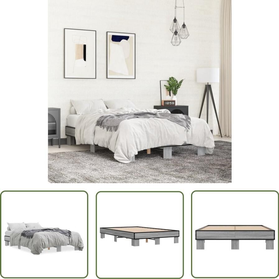 VidaXL Bedframe bewerkt hout metaal grijs sonoma eiken 135x190 cm Bed Frame Houten Bed Grijze Bed Tweepersoonsbed Bed 135x190
