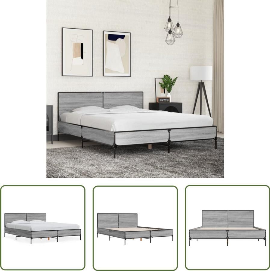 VidaXL Bedframe bewerkt hout metaal grijs sonoma eiken 150x200 cm Bed Frame Houten Bed Zwart Bed Grijze Slaapkamers