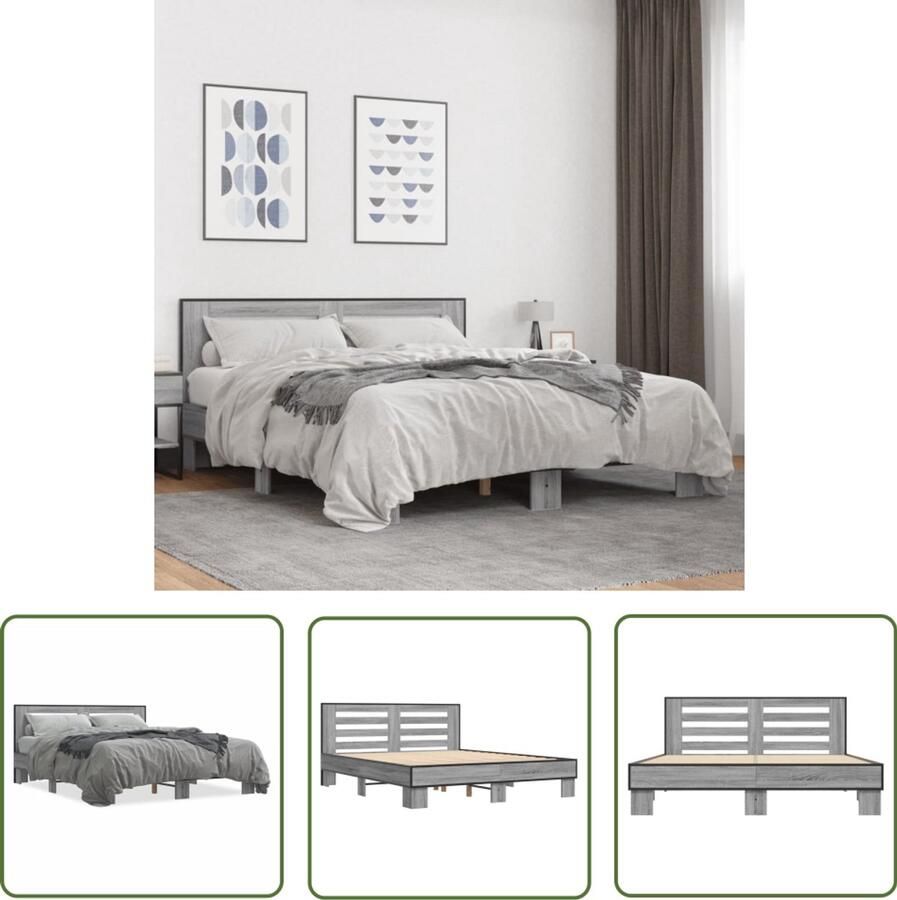 VidaXL Bedframe bewerkt hout metaal grijs sonoma eiken 150x200 cm Bed Frame Houten Bed Metalen Bed Slaapcomfort Modern Bed