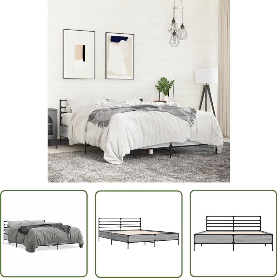 VidaXL Bedframe bewerkt hout metaal grijs sonoma eiken 150x200 cm Bed Frame Houten Bed Sonoma Eiken Tweepersoonsbed Slaapkamers