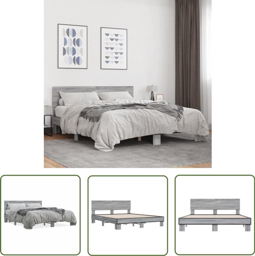 VidaXL Bedframe bewerkt hout metaal grijs sonoma eiken 160x200 cm Bed Frame Houten Bed Grijs Bed Sonoma Eiken Bed Tweepersoons Bed