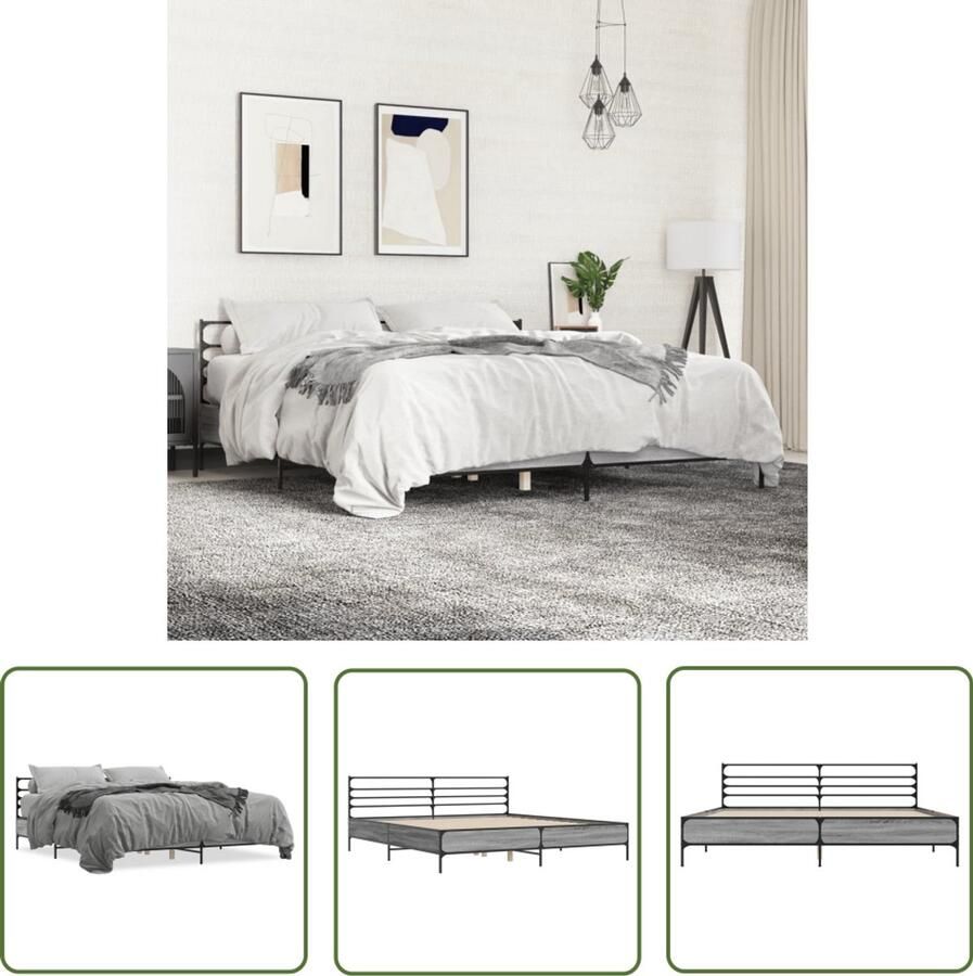 VidaXL Houten Bed Frame Bedframe bewerkt hout metaal grijs sonoma eiken 180x200 cm Bed Met Hoofdbord Slaapcomfort Slaapkamers